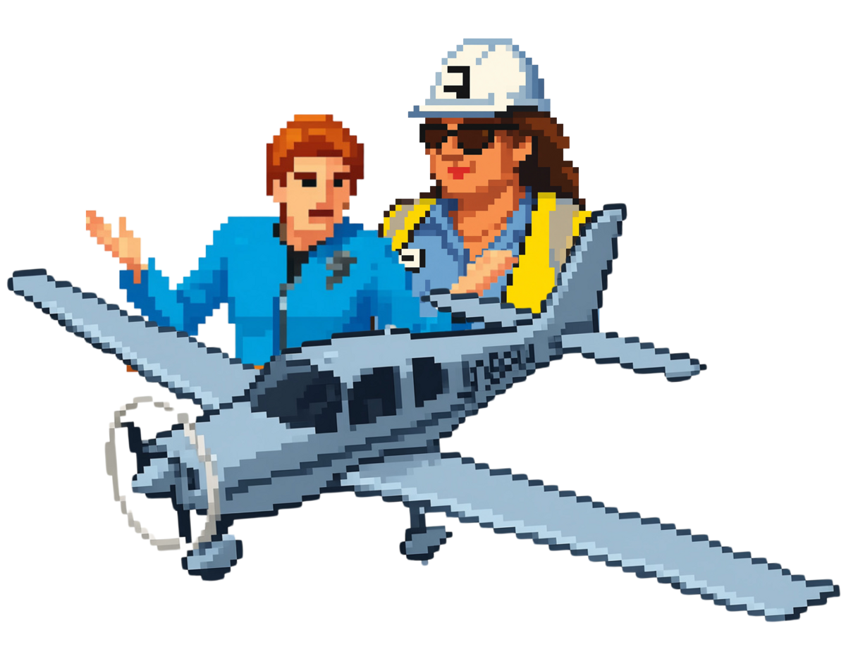 Pixel art of Pauline Hanson and Gina Rinehart in VH-AU7 Australis
